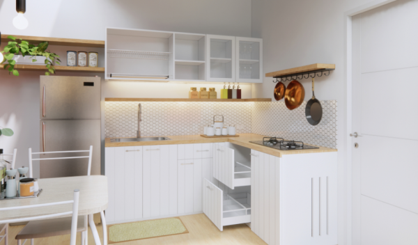 Kitchen set minimalis dengan lemari penyimpanan tersembunyi